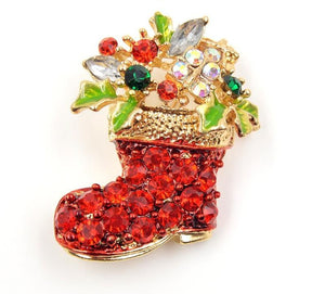 Rhinestone Christmas Boot With Flowers Brooch
