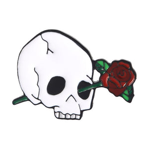 Skull With Single Rose Enamel Pin