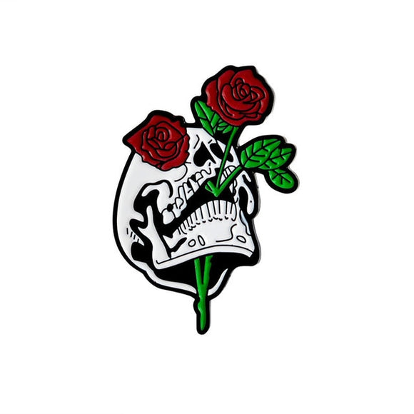 Skull With Rose Enamel Pin