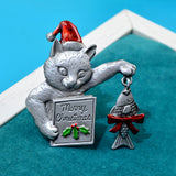 Cute Cat With Fish Gift Christmas Hat Brooch