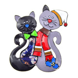 Colorful Enamel Double Christmas Cat in Scarf Brooches