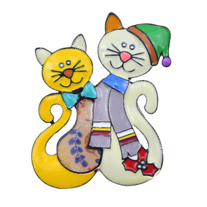 Colorful Enamel Double Christmas Cat in Scarf Brooches